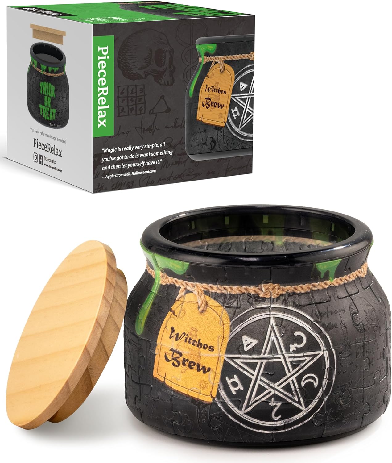 PieceRelax 3D Puzzle Jar 64 Plastic Pieces for Adults - Witches Brew - Wooden Lid Container for Kitchen Dining Study Living Room No Glue Requied Small [BC1022]