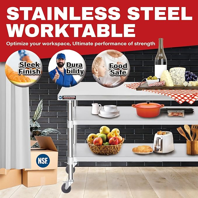 DuraSteel Stainless Steel Work Table 30" x 60" x 34" Height w/ 4 Caster Wheels - Food Prep Commercial Grade Worktable - NSF Certified - Good for Restaurant, Business, Warehouse, Home, Kitchen, Garage
