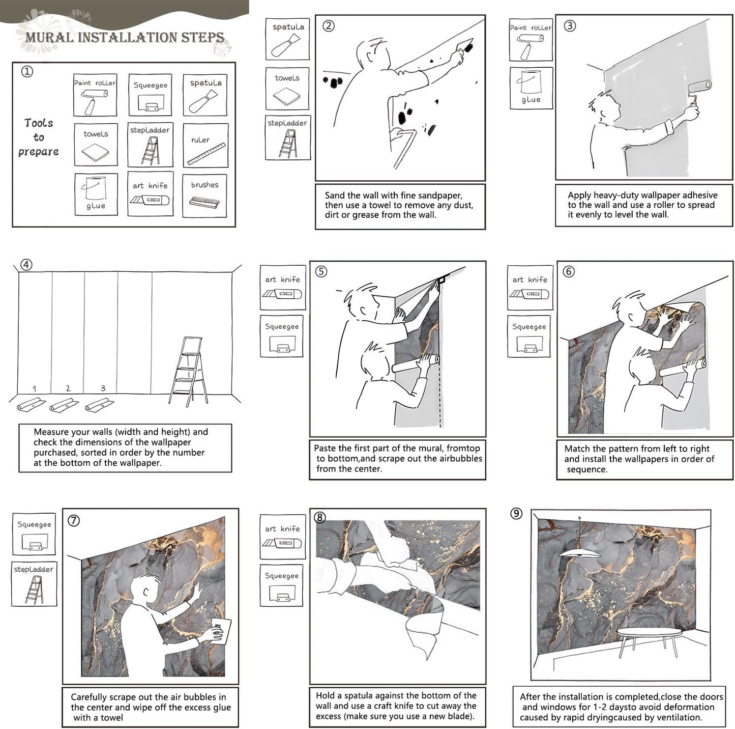 AFZEVEB-Gray and Gold Marble Wallpaper Wall murals for Bedroom 136"x96"(Not Peel and Stick)