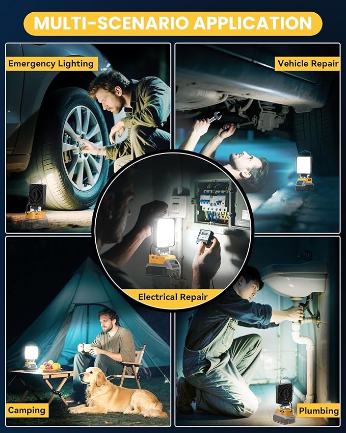 Ecarke LED Work Light Compatible with DeWALT Battery, 70W Lighting with 2Ah Battery, Portable with USB & Type C Charging Port, Cordless LED Work Light for Job Site & Outdoor