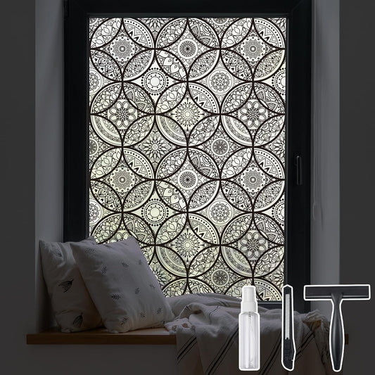 DKTIE Boho Stained Glass Look Window Privacy Film with Installation Tools, Decorative Frosted Glass Window Film Static Cling No Glue Removable, Pure Black, 35.4" x 118.1"