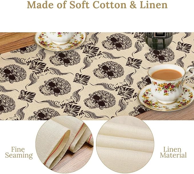 Gothic Table Runner, Retro Antique Damask Skull Pattern Classic Halloween Boho Black Coffee Vintage Table Center Decor for Kitchen and Dining Outdoor Home Country Party Table Decorations, 13"x108"
