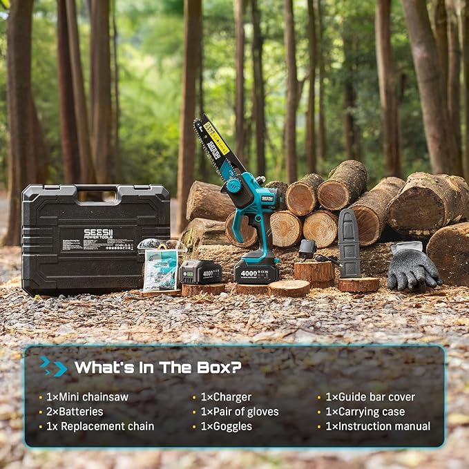 SEESII 8-Inch Cordless Mini Chainsaw, 2025 Upgraded Brushless Motor, Electric Chainsaw with 2×4000mAh Batteries, Tool-Free Chain Tension & Oiler, Handheld Saw for Fast Tree Branch Cutting（M8 Boost）