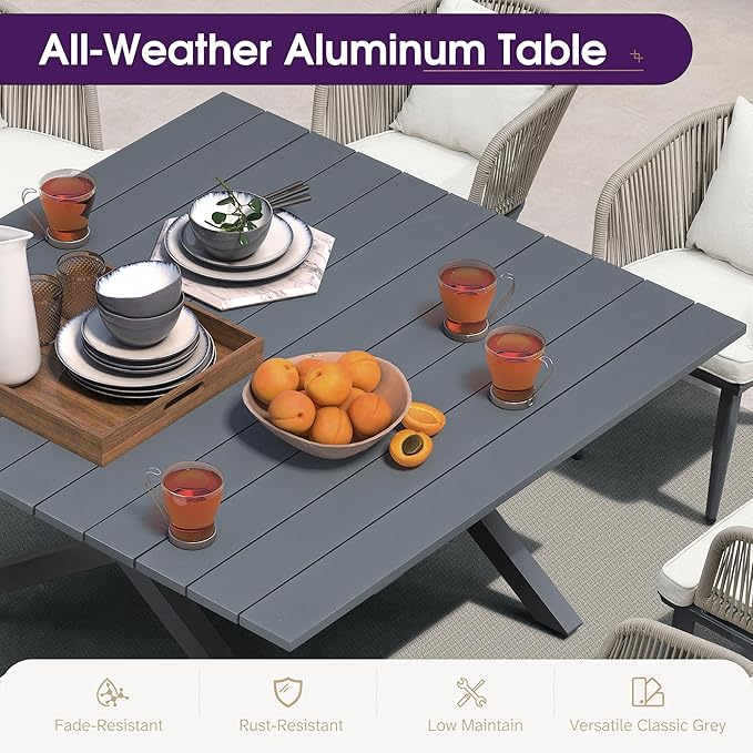 PURPLE LEAF 9 Pieces Outdoor Metal Furniture Set Patio Conversation Sets Dining Set, 1 Square Dining Table and 8 Modern Chairs with Cushions Seat Taupe