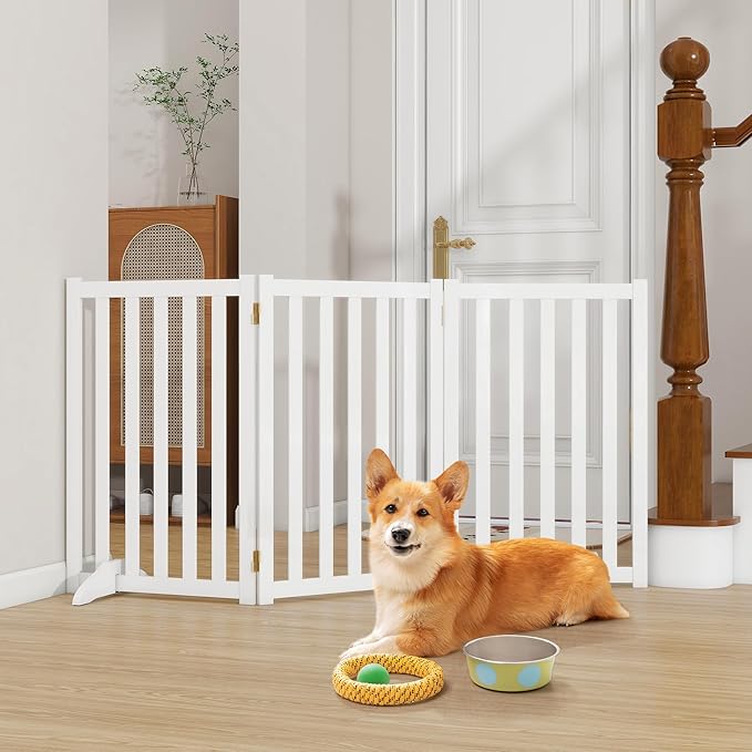 30" Height Tall Freestanding Pet Gate, Solid Wood Folding Safety Fence Wooden Dog Gate with 2 PCs Support Feet Ideal for Stairs, Doorways, Halls, Kitchens, Heavy Duty Gates, 3 Panels, White