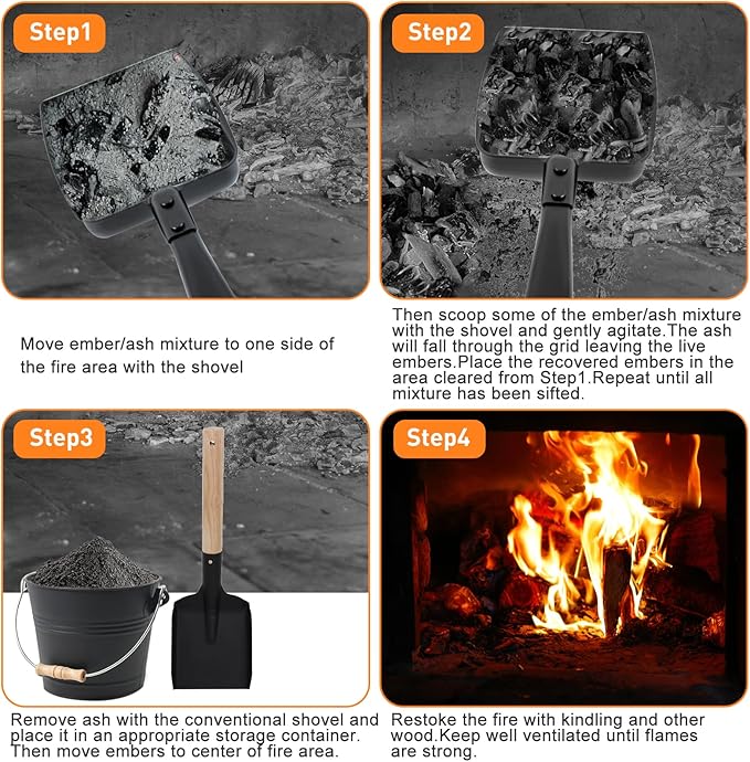 13 Inch Hollow Out Fireplace Ash Sifter Metal Black Coal Shovel Heat Resistant Scoop Charcoal Shovel Tools With Self-Adhesive Hook for Wood Stove Indoor Fire Pit