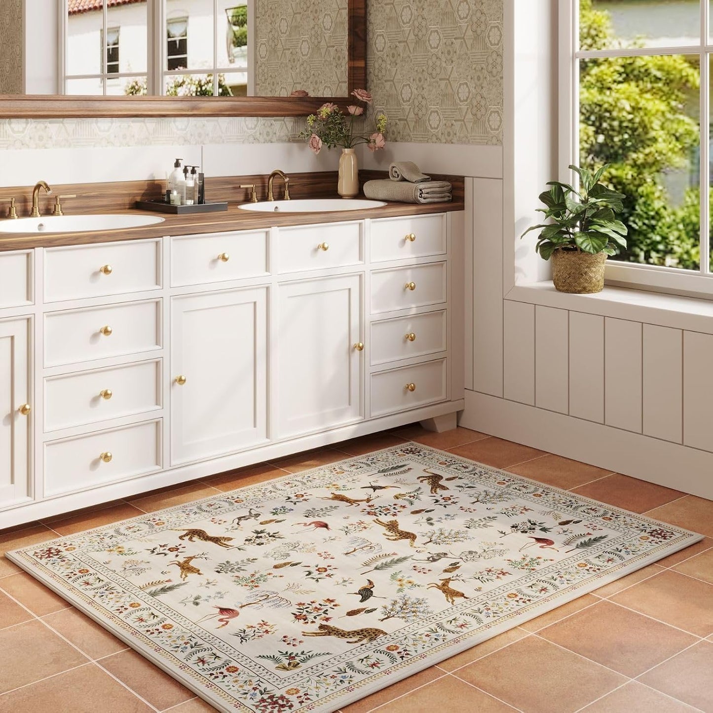 Rugcomf Door Mat Indoor Entrance 2x3 Rug Machine Washable Boho Floral Animal Small Area Rug Non-Slip Low Pile Throw Rugs for Entryway, Kitchen, Front Door Indoor Entrance, Entry, Kids Room (Beige)