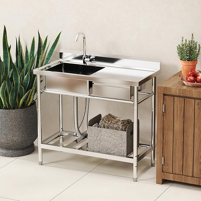 Stainless Steel Utility Sink, 39'' Free Standing Single Bowl Kitchen Sink with Cold and Hot Water Pipe, Right Drawer, Indoor and Outdoor for Laundry Room Farmhouse Kitchen(39 inch)