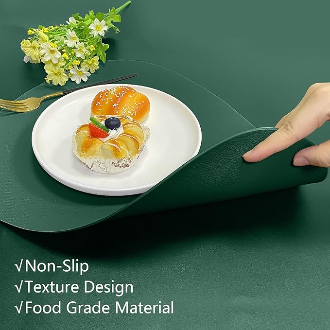 Herda Table Placemats Green Faux Leather Placemats Set of 6 Wipeable Washable Placemats for Round Table for Kitchen Dining Patio Outdoor Indoor Holiday Place Mat Christmas Table Mat