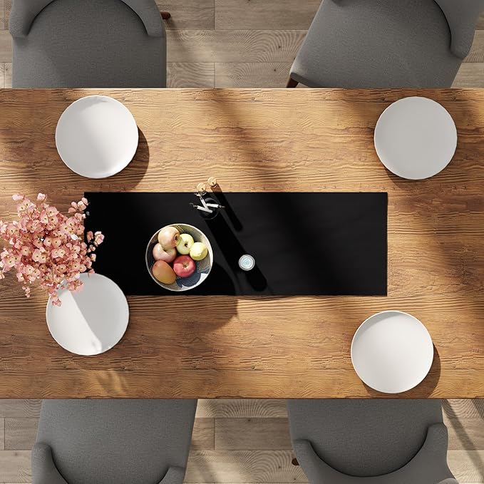 Encasa XO Table Runner 13"x36" Long | Cotton Canvas Fabric | Jet Black Solid Color | Machine Washable & Durable