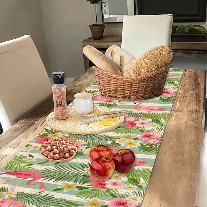 Flamingo Palm Leaf Hibiscus Table Runner Dresser Scarves Seasonal Linen Tablerunner for Indoor Outdoor Kitchen Home Party Holiday Dining Table Decor 13 X 70 Inch