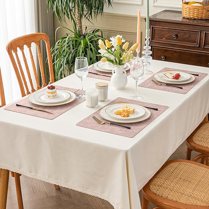 Romanstile Vinyl Placemats Set of 6-12 X 17 Inch - Heat Resistant Place Mats 100% Waterproof Oilproof Wipeable Reversible Faux Leather Table Mats for Kitchen, Dining, Party, Outdoor, Pink