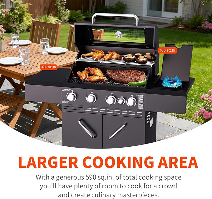 4 Burners Propane Gas Grill with Visual Glass, 50000 BTU Outdoor BBQ Propane Grill with Side Burner, Heighter, Double-Layer Lid, Stainless Steel Grids and Observing Changes in Food for Perfect BBQ