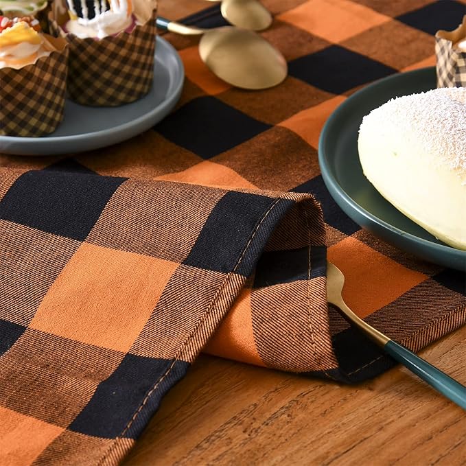 Tosewever Halloween Buffalo Check Plaid Table Runner, Cotton Polyester Blend Classic Family Dinner Table Runners for Indoor Outdoor Parties Events Home Decoration (Orange and Black, 14 x 72 Inch)