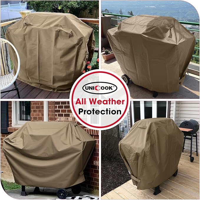 Unicook 65 Inch Grill Cover, Heavy Duty Waterproof Gas Grill Cover for Outdoor, Fade Resistant Barbecue Protector with Sealed Seam, Fits Weber Char-Broil Nexgrill BBQs up to 63" Wide, Neutral Taupe