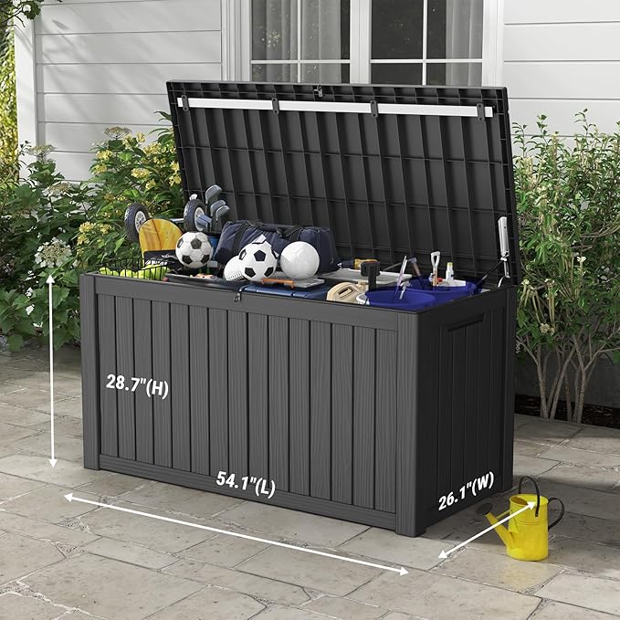 Mars Villa 150 Gallon Deck Box, Waterproof and Weatherproof Large Resin Storage Bin with Lockable Lid, Ideal for, Outdoor, Patio Furniture Cushions, Pool Supplies, Garden Tools, Black