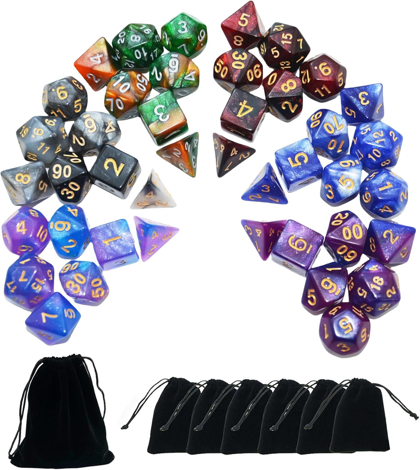SmartDealsPro 6 x 7 Sets (42 pcs) Glitter Polyhedral Dice Sets with Pouches for DND RPG MTG Dungeon and Dragons Table Board Roll Playing Games D4 D8 D10 D12 D20 (Color 2)