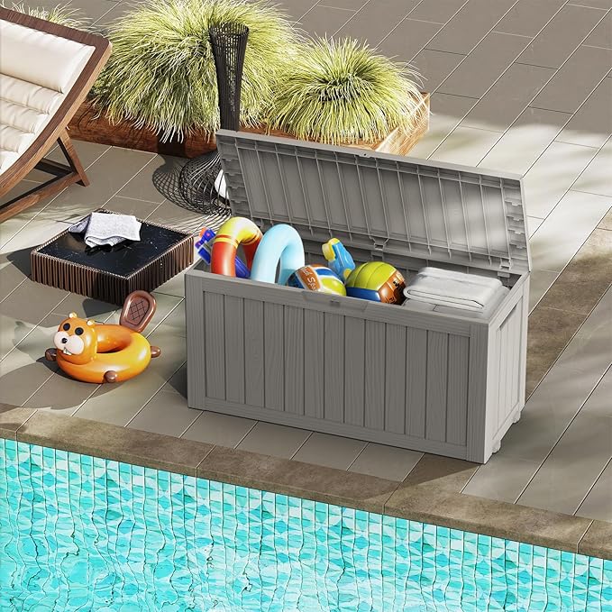 Mars Villa 72 Gallon Deck Box, Waterproof Weatherproof and UV Resistant Resin Storage Bin with Lockable Lid, Ideal for, Outdoor, Patio Furniture Cushions, Pool Supplies, Garden Tools, Greige