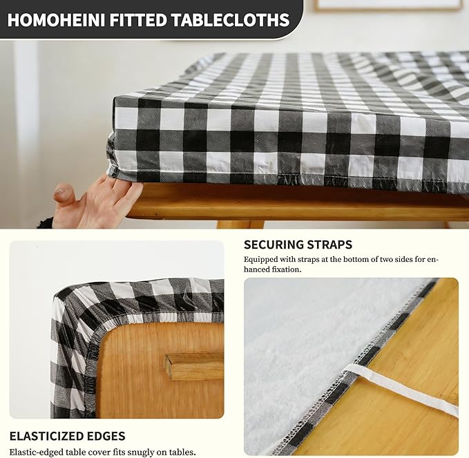 Rectangle Picnic Table Cloth, Elastic Waterproof Fitted Vinyl Tablecloths for 6 Foot Tables, Wipeable Flannel Backed Table Covers for Dining, Camping, Outdoor(Black Plaid,30"x72")