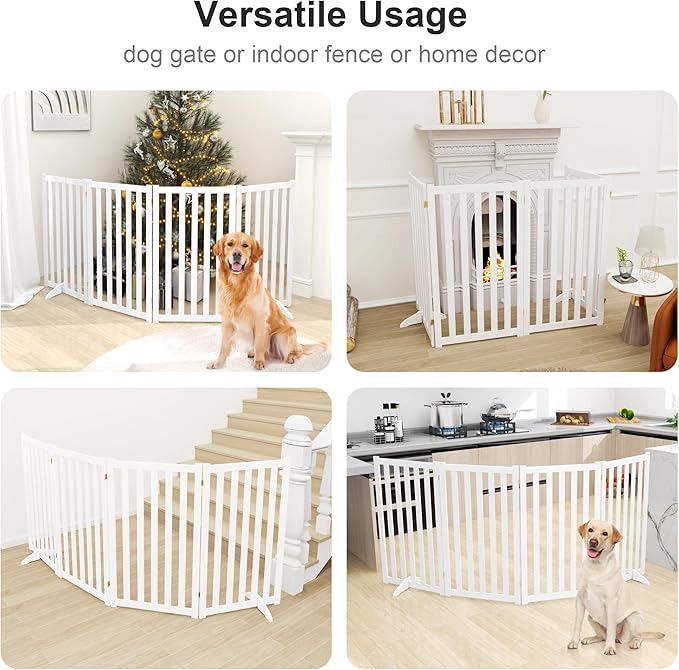 36" Height Extra Tall Freestanding Pet Gate, Solid Wood Folding Safety Fence Wooden Dog Gate with 2 PCs Support Feet Ideal for Stairs, Doorways, Halls, Kitchens, Heavy Duty Gates, 4 Panels, White