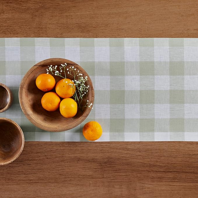 Solino Home Linen Checkered Table Runner 108 Inches Long - 100% Pure Linen Sage and White Buffalo Check Table Runner 14 x 108 Inch Ideal for Dining, Winter, Spring, St Patricks Day, Easter