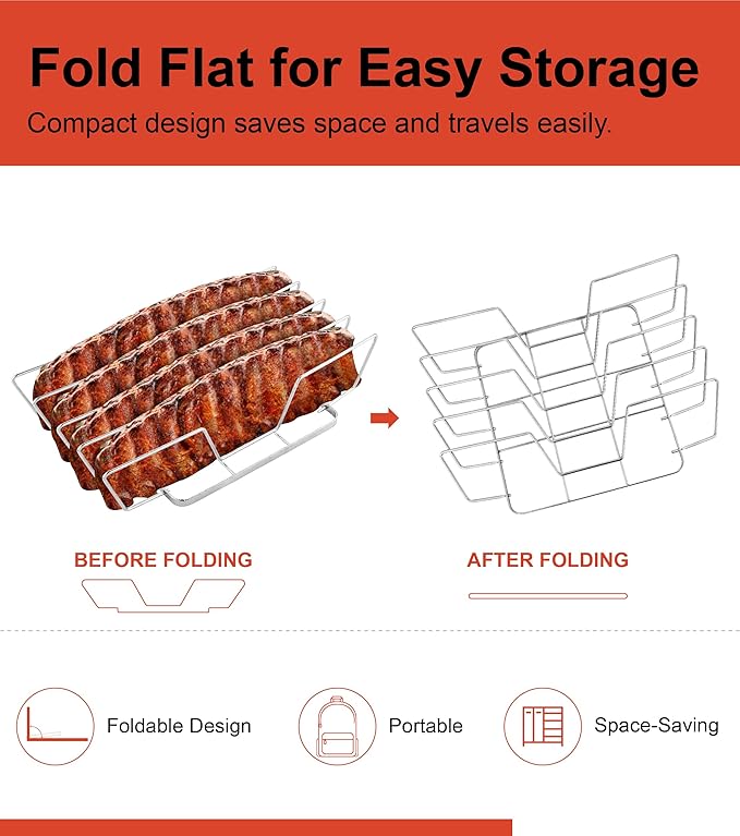 Rib Rack for Smoking – Foldable Extra Long Stainless Steel Rib Holder for 4 Ribs Upright – Fits 18" Smoker, Weber, Kamado, Traeger – BBQ Grill Accessories for Men & Meat Lovers