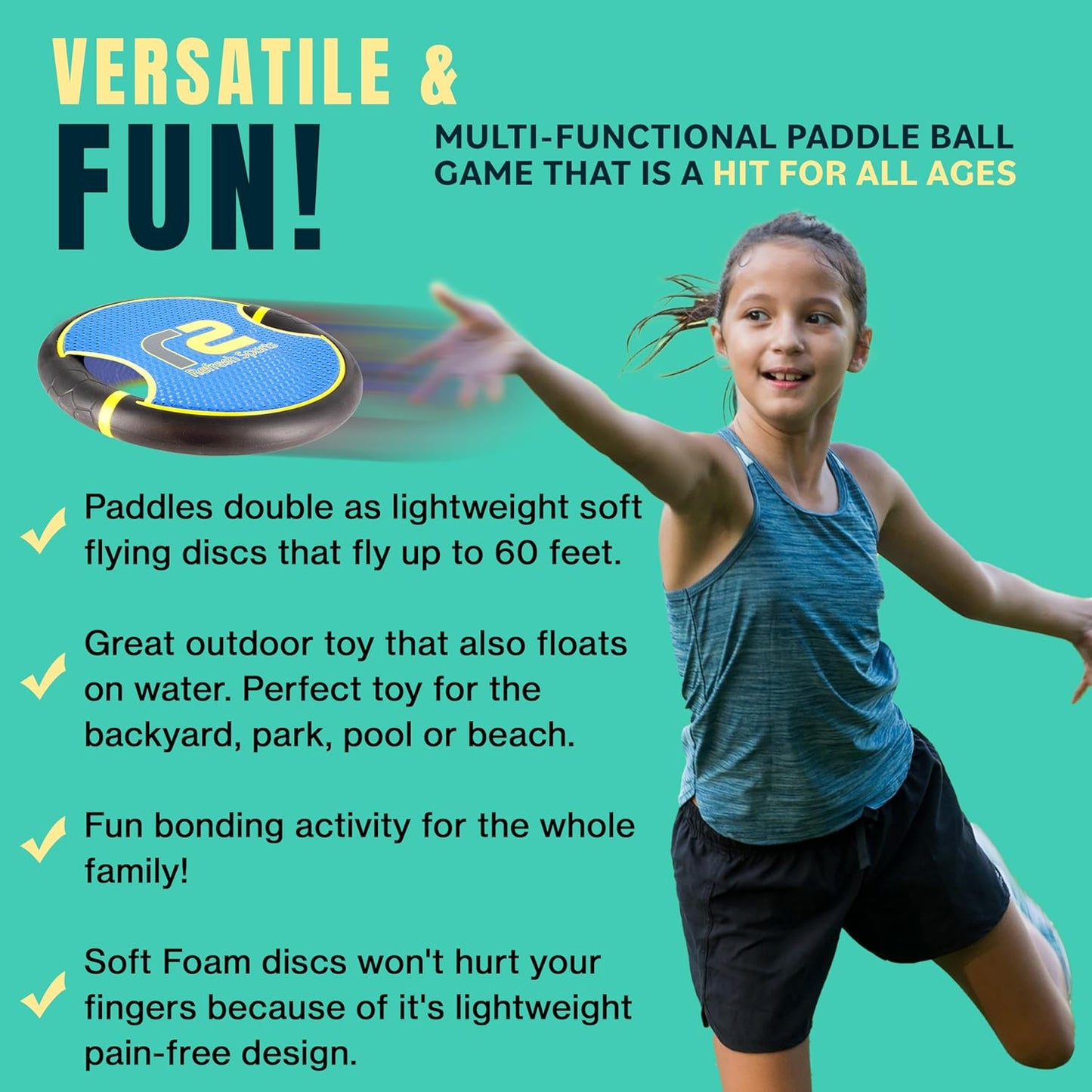 Fun Bouncy Paddle & Stringy Ball Toss & Catch Game - Easy to Use for Kids All Ages - Soft Foam Design for Safe Play Indoors or Outdoors - Also Works as Flying Disc - Great Gift Idea for Boys & Girls