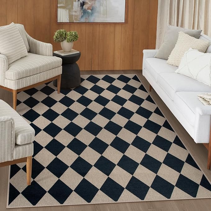 Easy Jute Black Checkered 5x7 Area Rug, Washable Modern Outdoor Rug for Patio Non-Slip Diamond Rugs for Living Room, Neutral Farmhouse Floor Carpet for Bedroom Dining Room Classroom