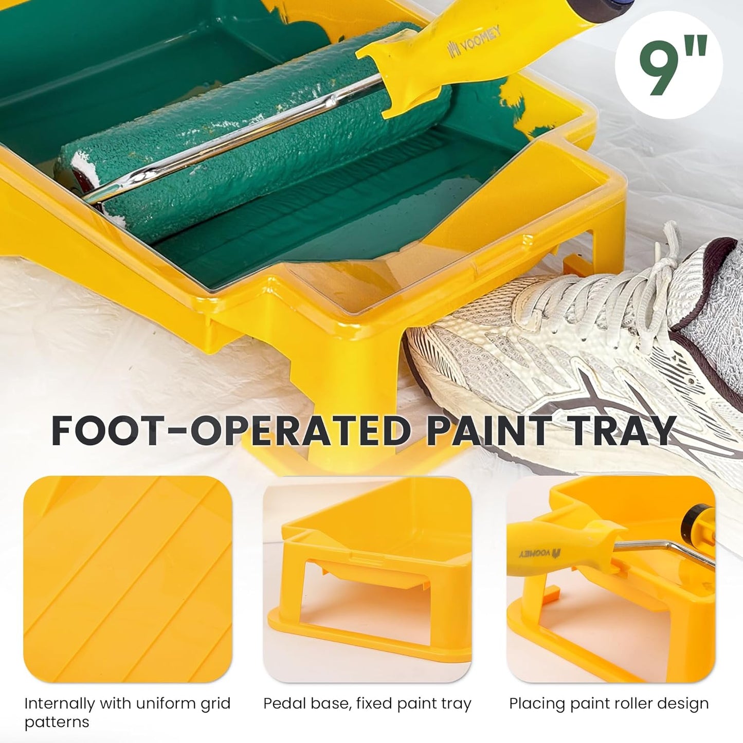 VOOMEY 9 Inch Foot-Operated Paint Tray，Paint Roller Frame,12 Pcs Paint Tray Liner with 4 Set Paint Roller Trays，House Painting Supplies