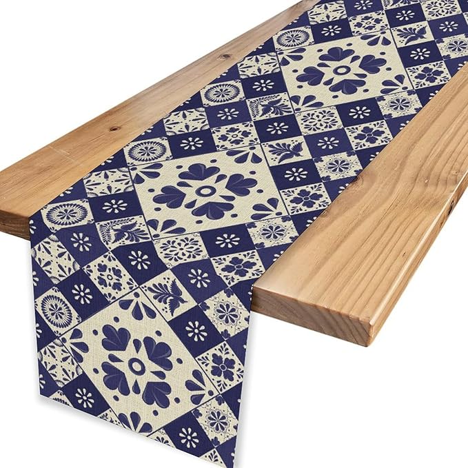 Mexican Table Runner, Blue Floral Birds Mexico Talavera Ceramic Dia De Los Muertos Coffee Table Center Decor for Family Home Kitchen and Dining Farmhouse Indoor Outdoor Table Decorations, 13" X 90"