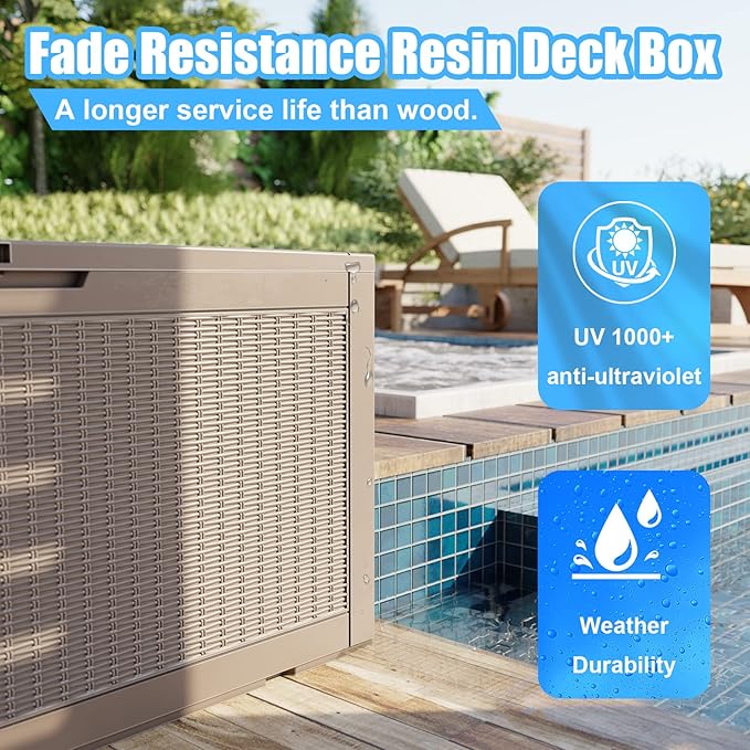 DRATO 320 Gallon Deck Box, Outdoor Large Waterproof Resin Storage Box with Lockable Lid for Patio Cushions, Gardening Tools（Gray，320 Gallon）