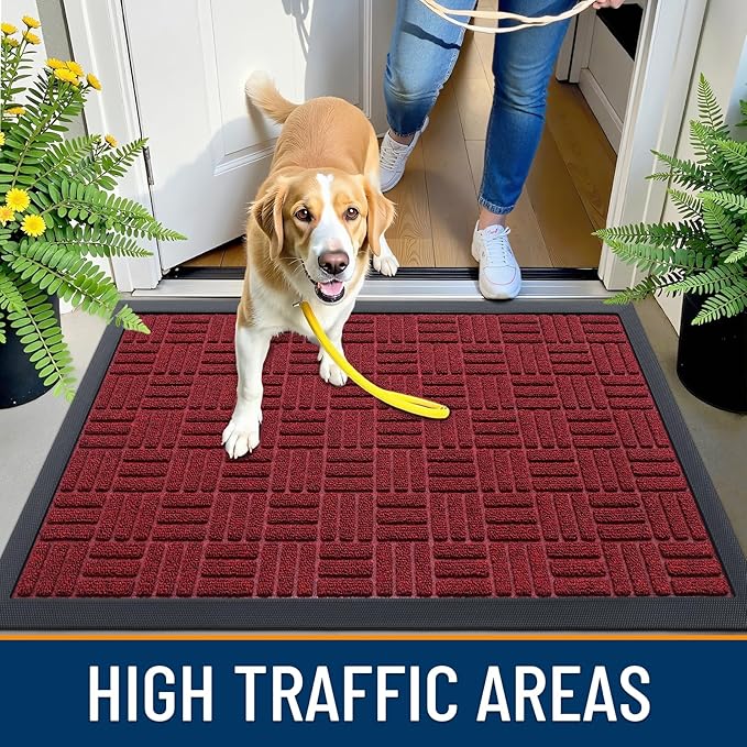 OLANLY Front Door Mat Outside Entrance 33x21, Absorbent, Heavy Duty Sturdy Natural Rubber Doormat Indoor Outdoor, Non-Slip, Stain and Fade Resistant, Low Profile Floor Mat for Entryway, Black Red