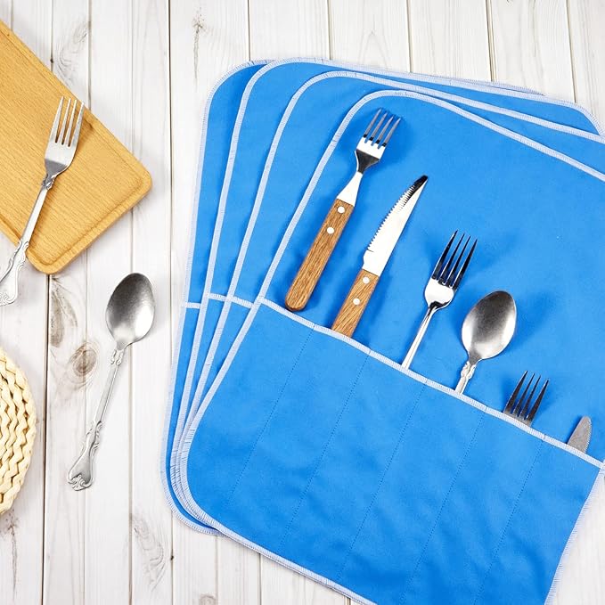 Weewooday Silver Storage Bags Anti Tarnish Silver Protector Bags Blue Holder for Silverware Flatware Storage Organizer Cloth Place Setting Roll with White Ribbon for Teaspoon Utensils(8 Pieces)