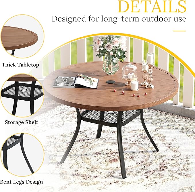 VICLLAX 47.2" Round Patio Table for 6, All Weather Metal Outdoor Dining Table with Adjustable Umbrella Hole, Walnut Wood-Like Tabletop