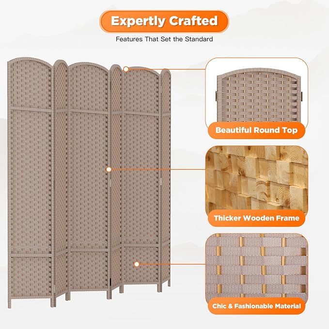 Room Divider 6 Panel Screen 5.6 Ft Tall Partition Room Dividers Beige Privacy Screens Folding Room Separation Free Standing Waterproof Wood Frame Wall Divider