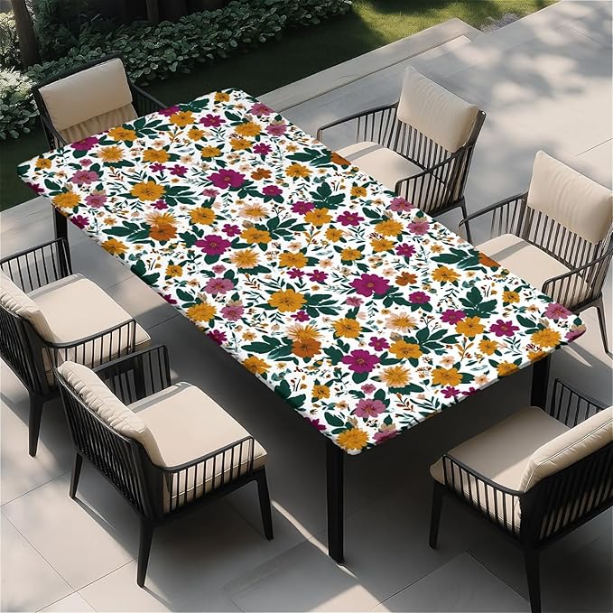 Rectangle Table Cloth Cover Waterproof Elastic Fitted Polyester Fitted Tablecloths for 6 Foot Tables for Indoor,Picnic, Camping, Outdoor （72" x 30"，Floral Print）