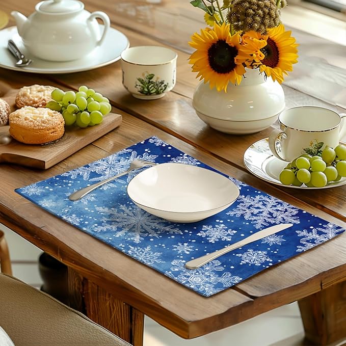 Winter Blue Snowflake Placemats Set of 4 Merry Christmas Snowflakes Linen Fabric Table Mats Seasonal Xmas Holiday Washable Place Mats for Party Kitchen Dining Outdoor Indoor Decor