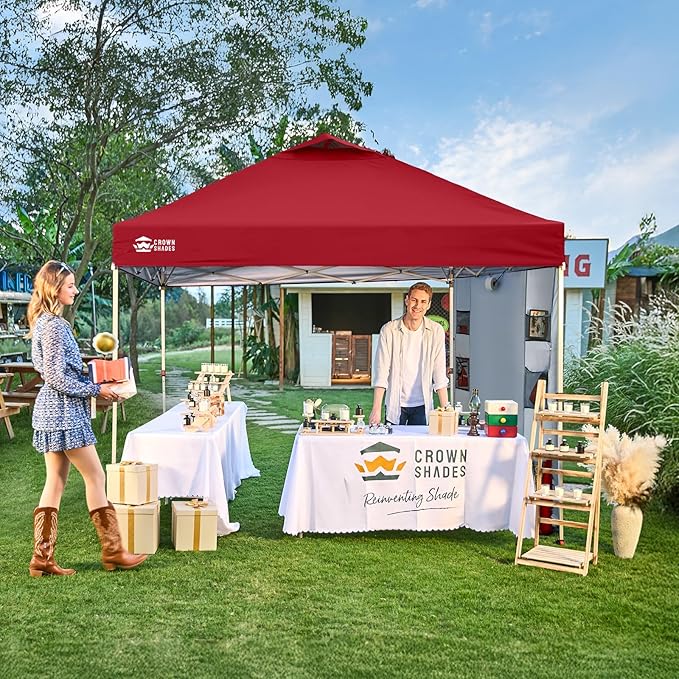 CROWN SHADES Canopy Tent 10x10 Pop Up Canopy Outdoor Shade with Pockets Sidewall, Easy Up Sun Shelter with One Person Set Up Center Lock, Portable Instant Camping Beach Canopy Tents, Red
