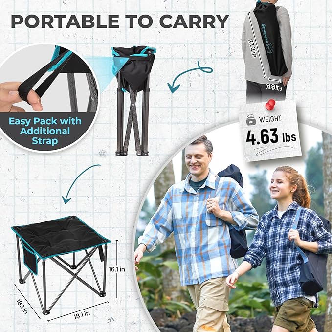 FUNDANGO Oversized Camping Stool for Adults, Thick Padded 18.1 Inch Folding Ottoman Foot Rest, 440 Lbs Heavy Duty Outdoor Camp Chairs with Anti-Slip Foots & Carry Bag for Fishing Lawn Travel (Black)