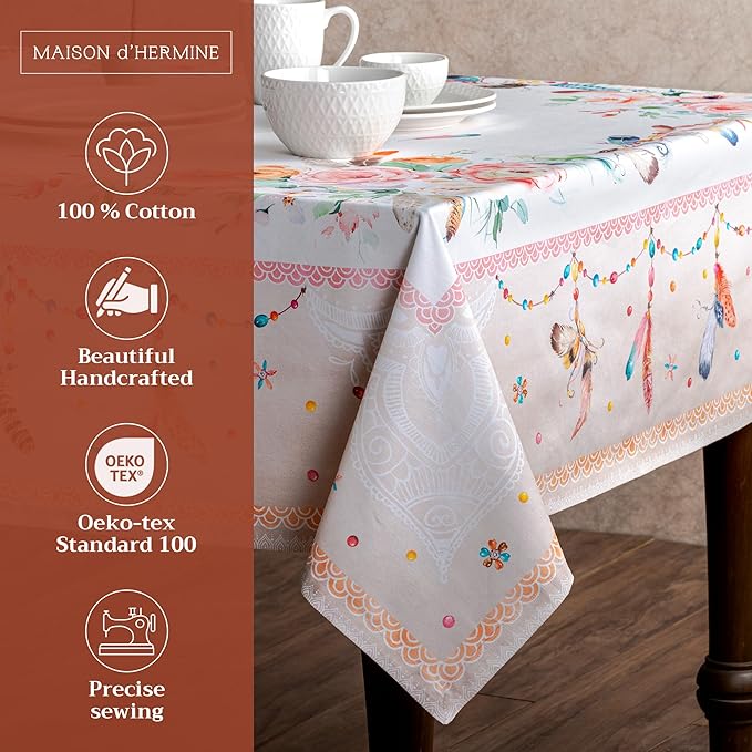 Maison d' Hermine Table Cloth Rectangle Table 100% Cotton 60 x 90 Inches Tablecloth Reusable Decorative for Dining Room, Farmhouse, Home, Party, Festive & Wedding Spring Summer - Ibiza - Beige