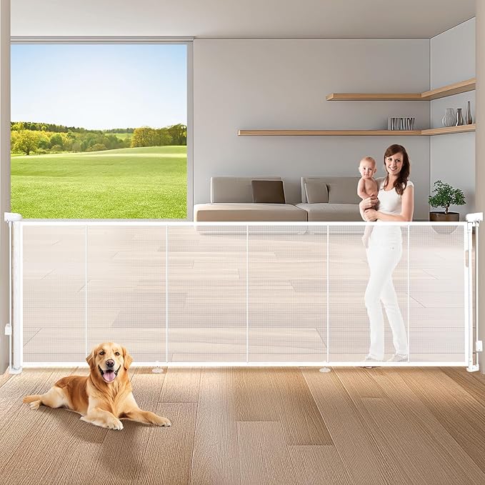 120" Extra Wide Retractable Baby Gates Mesh Gate, Long Retractable Dog Gate for Large Opening, 42" Extra Tall Child Safety Gate Pet Gate with Support Rods for Stairs Hallways Doorways Indoor Outdoor