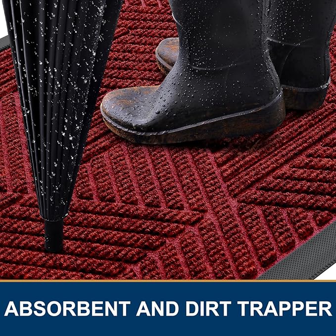 Smiry Front Door Mat Outside Entrance, Heavy Duty Sturdy Natural Rubber Doormat, Trap Dirt and Moisture, Easy Clean Low Profile Mats for Indoor Outdoor Entry, Irregular Triangle (36x24, Deep Red)
