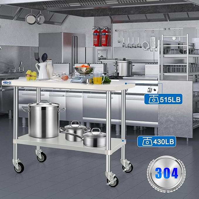 HARDURA Stainless Steel Table with Wheels 24 x 48 Inches Kitchen Prep Table Heavy Duty Stainless Steel Workbench with Aluminium Corner Undershelf NSF 304 Metel Table for Commercial Restaurant