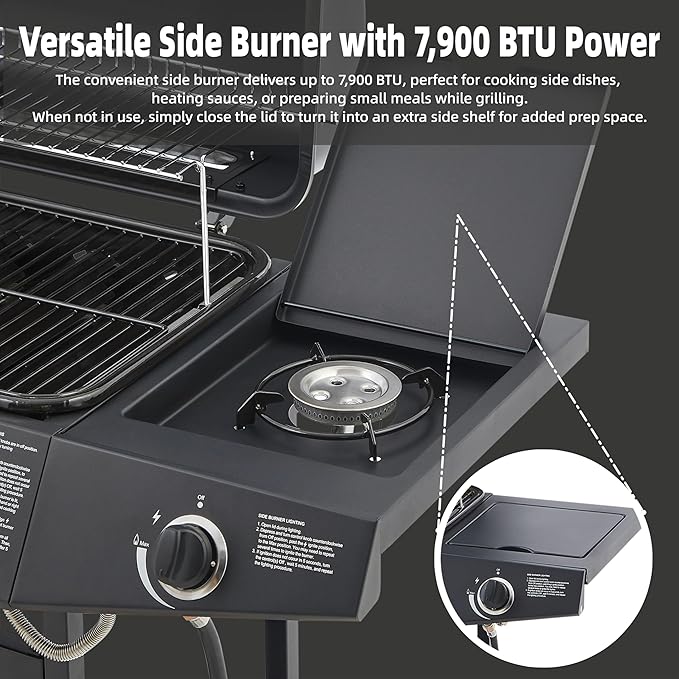 Propane Gas BBQ Grill with 6-Burner and Side Burner 59000 BTU Stainless Steel Barbecue Grill with Porcelain-Enameled Cast Iron Grates,Side Shelves and Wheels Portable Outdoor Grill for Pation,Backyard