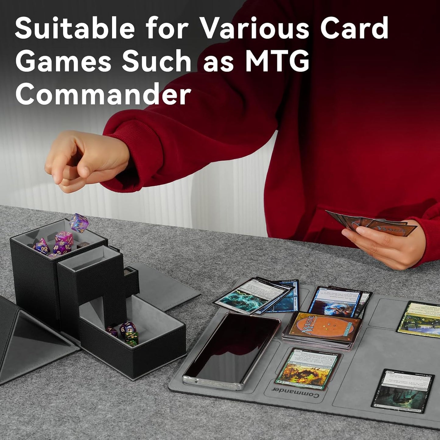 Dice Tray & Dice Tower Storage Box, 3 in 1 Dice Holder Case (Dice Rolling Tray, Dice Rolling Tower, Dice Storage Drawers), Leather Magnetic Closure DND Accessories Gifts for RPG MTG, Black/Grey