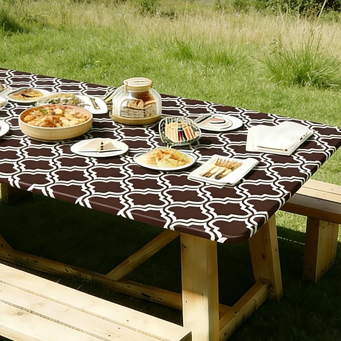 Rectangle Picnic Table Cloth, Elastic Waterproof Fitted Vinyl Tablecloths for 6 Foot Tables, Wipeable Flannel Backed Table Covers for Dining, Camping, Outdoor(Black,36"x72")
