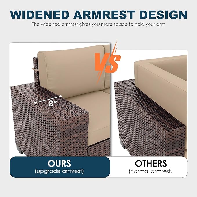 7 Piece Patio Furniture Set with Fire Pit Table, Outdoor Conversation Sets Wicker Rattan Sectional Sofa with Coffee Table, 4'' Thickened Cushion Beige (Include Waterproof Cover)