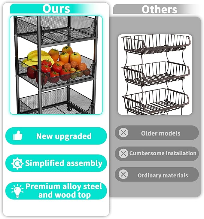 HapiRm Fruit Basket Kitchen Cart - 4-Tier Rolling Storage Cart with Wheels, Fruit Vegetable Basket with Wood Top, Pantry Utility Kitchen Organizer for Fruit Potato Onion Vegetable Bread Snack