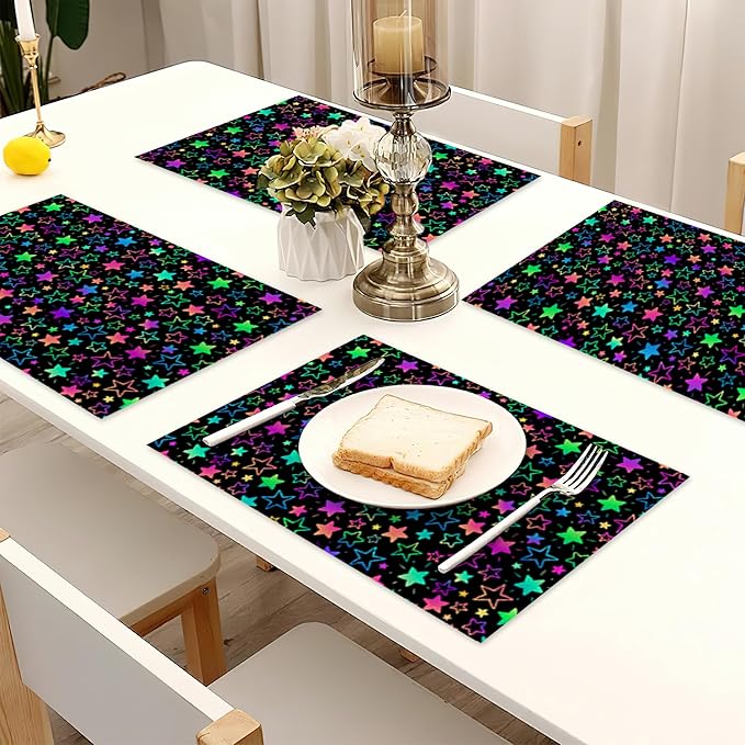 Neon Stars Placemats Set of 6 Linen Heat Resistant,Rainbow Glittering Table Mats Washable Rustic Place Mats Decoration for Home Kitchen Dining Room Party 12x18 Inch
