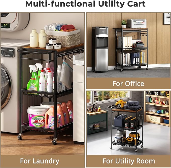Microwave Kitchen Cart with Push Handle, 3 Tier Rolling Cart with 2 Lockable Wheels, Vintage Kitchen Storage Cart with 210Lbs Capacity for Kitchen Island, Restaurant, Coffee Bar, Living Room, Office
